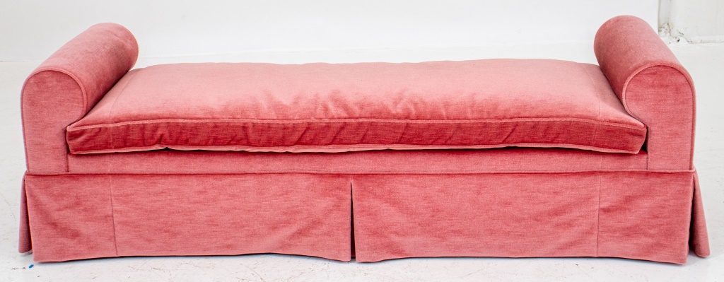 Appraisal: ROSE PINK MOHAIR UPHOLSTERED TWO-ARM BENCH Rose pink mohair upholstered