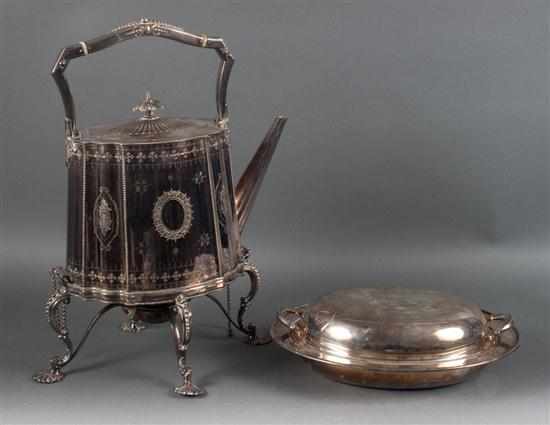 Appraisal: English Sheffield silver-plated brass hot water kettle on stand probably