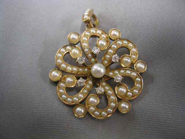 Appraisal: Diamond Pearl Pendant or Brooch seed pearls and diamoonds in