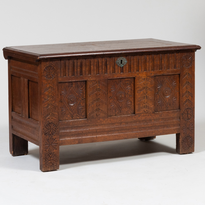 Appraisal: Carved River Oak Coffer Chest x x in Condition Staining