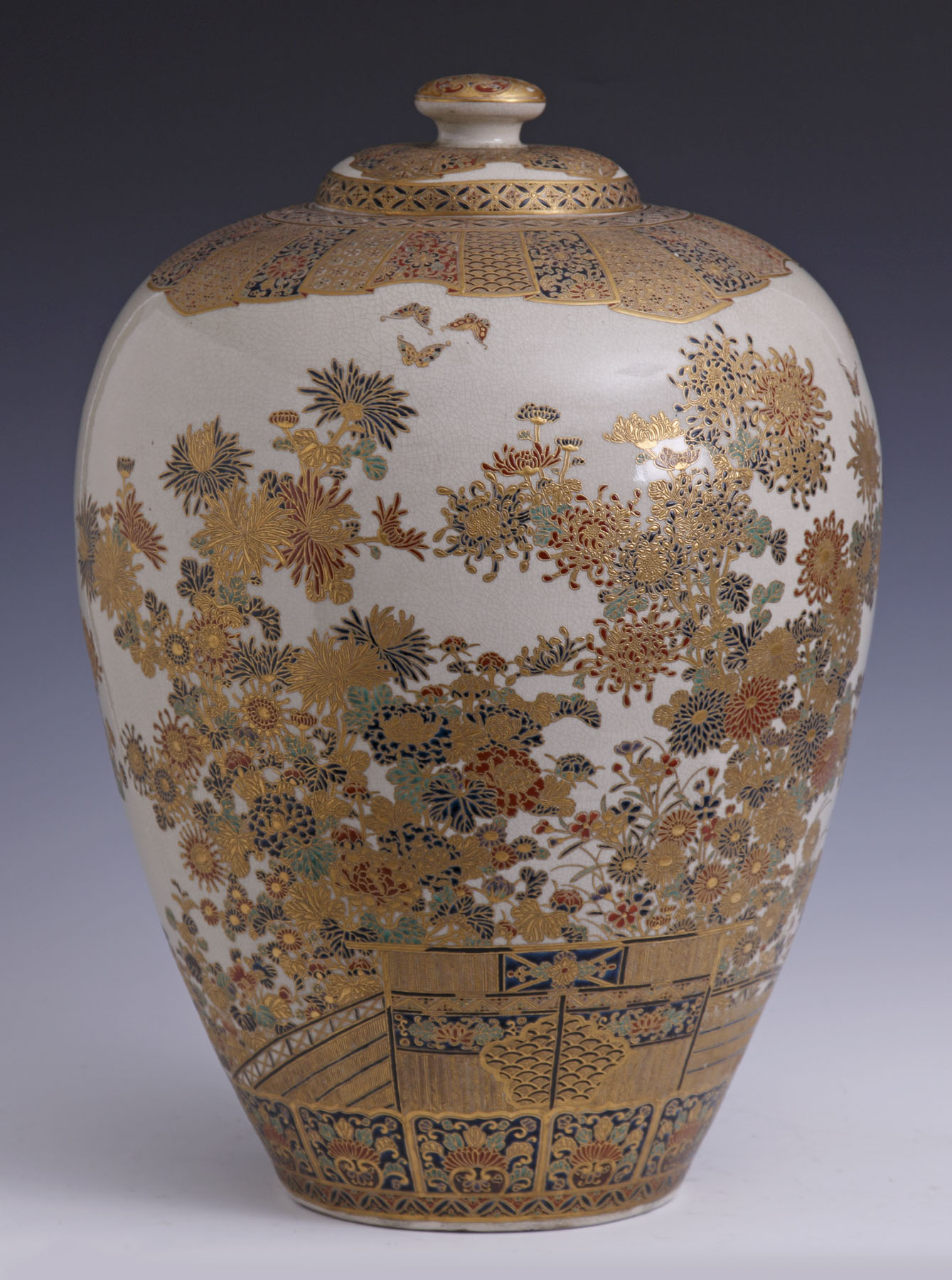 Appraisal: Fine Monumental Japanese Covered Jar Enameled polychrome flowers butterflies Sgn