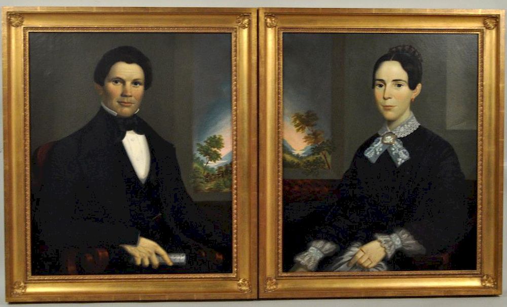 Appraisal: Pair American Folk Art Portraits depicting a young couple in