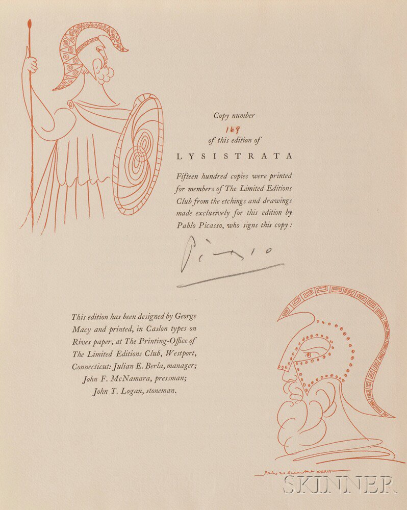 Appraisal: Aristophanes Lysistrata Illustrations by Pablo Picasso New York Limited Editions