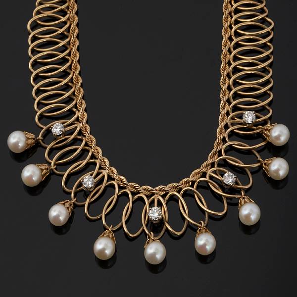 Appraisal: A diamond and cultured pearl necklace estimated total diamond weight