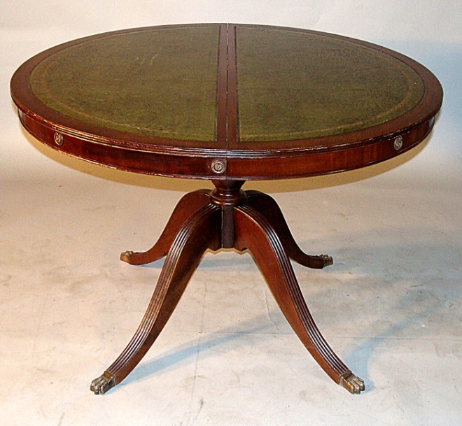 Appraisal: Sheraton Style Green Leather Top Table with two -inch leaves