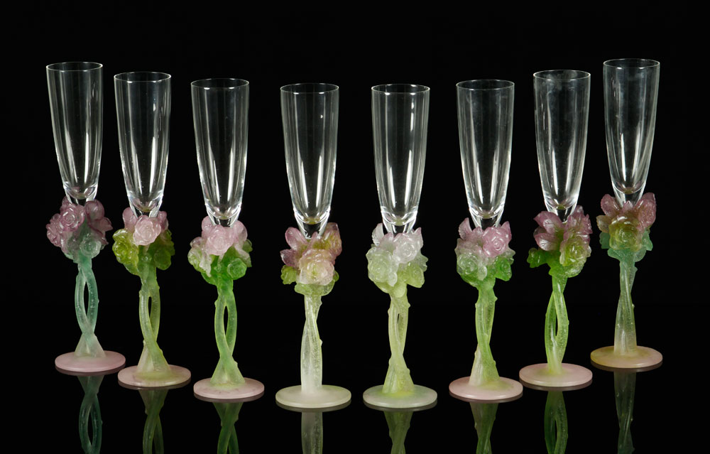 Appraisal: - Daum Pate de Verre Rose Champagne Flutes Daum pate