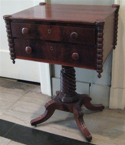 Appraisal: Classical mahogany work table circa The rectangular top with outset