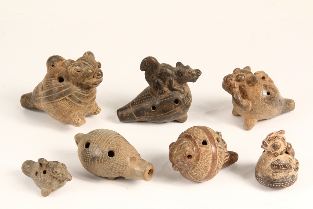 Appraisal: PRE-COLUMBIAN POTTERY OCARINAS - Zoomorphic Whistles in terra cotta some