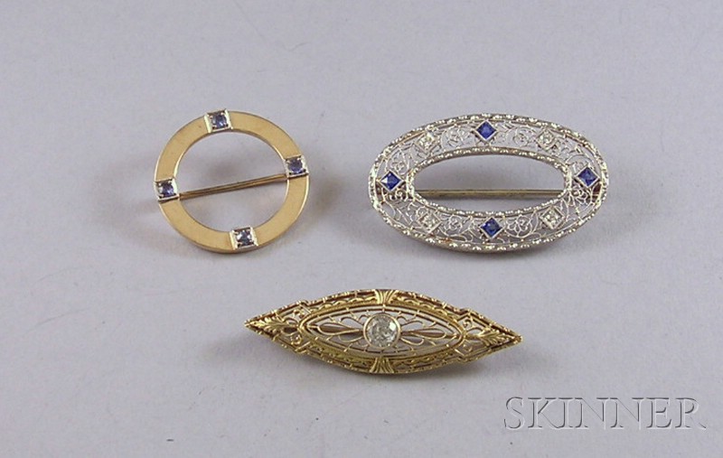 Appraisal: Three kt Gold Gem-set Art Deco Style Brooches including a