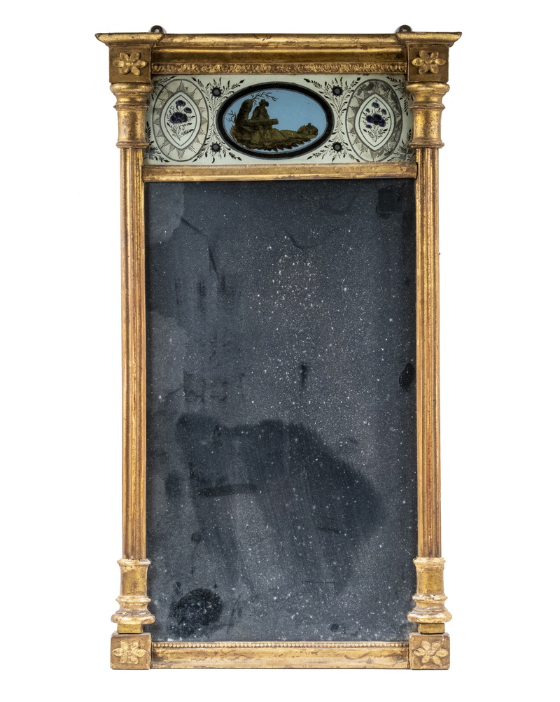 Appraisal: FEDERAL PERIOD EGLOMISE LOOKING GLASS Trumeau Mirror with upper eglomise