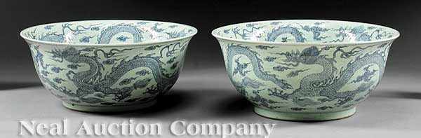 Appraisal: A Pair of Monumental Blue and White Porcelain Bowls decorated