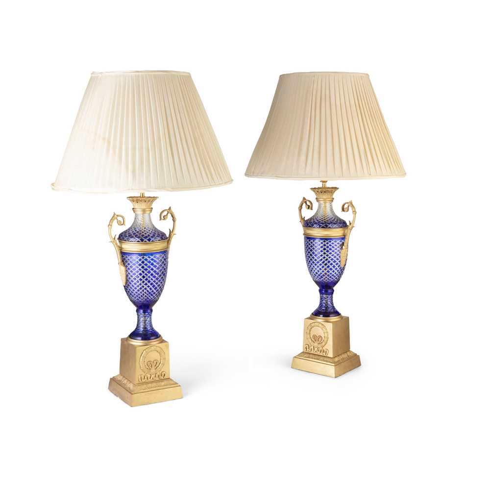 Appraisal: PAIR OF BOHEMIAN BLUE OVERLAY AND CUT GLASS ORMOLU MOUNTED