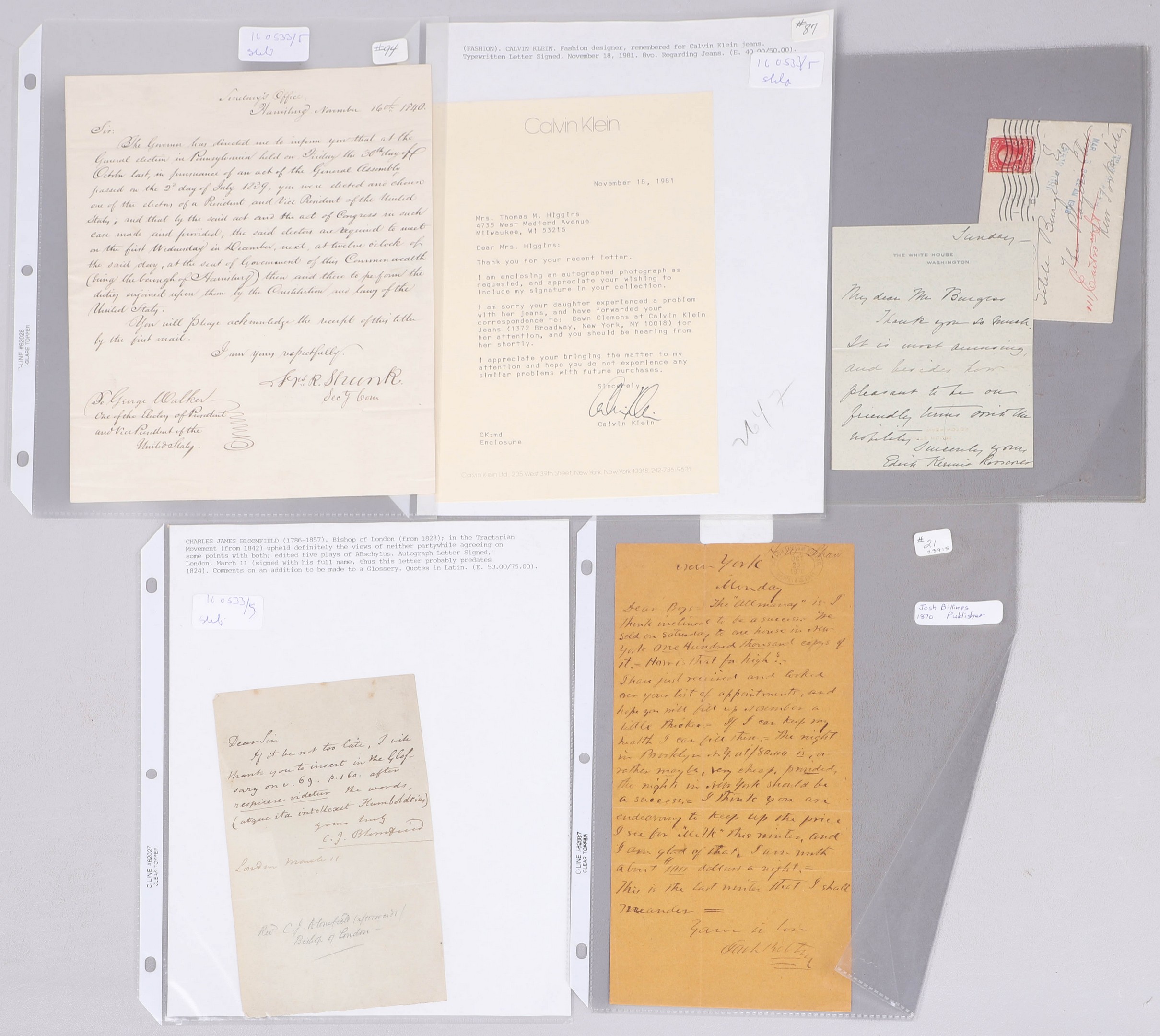 Appraisal: Five signed letters c o A typed letter signed by