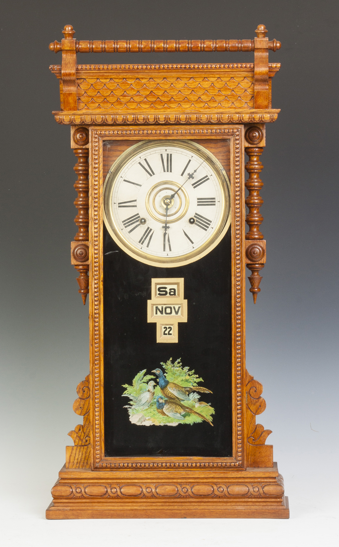 Appraisal: William L Gilbert Clock Co Calendar Clock Carved oak case