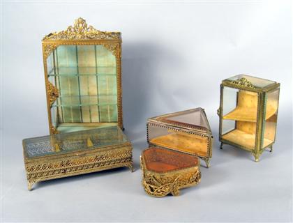 Appraisal: Five gilt metal mounted glass jewel boxes Comprising two tall