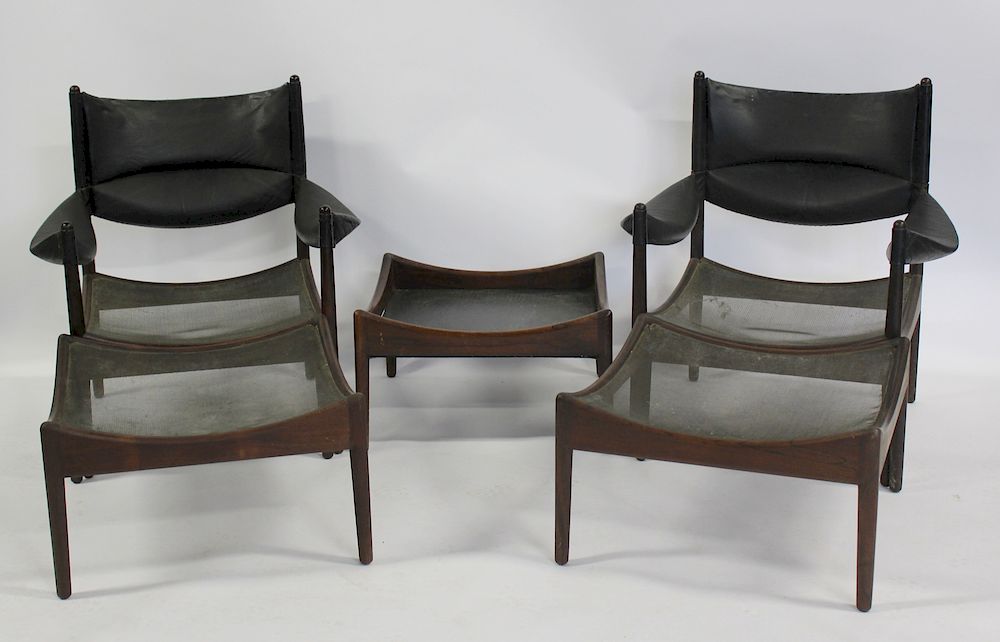 Appraisal: MIDCENTURY Kristian Vedel Rosewood Modus Chairs Ottomans and Slate Insert