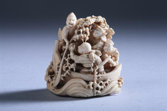 Appraisal: JAPANESE IVORY NETSUKE signed carved to depict figures in boat