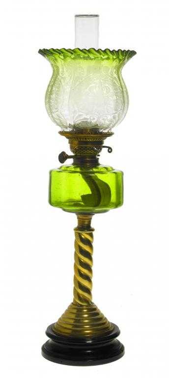 Appraisal: A VICTORIAN BRASS OIL LAMP the green glass fount on