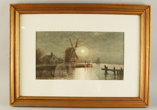 Appraisal: George Essig - Windmill on the Water in Moonlight Watercolor