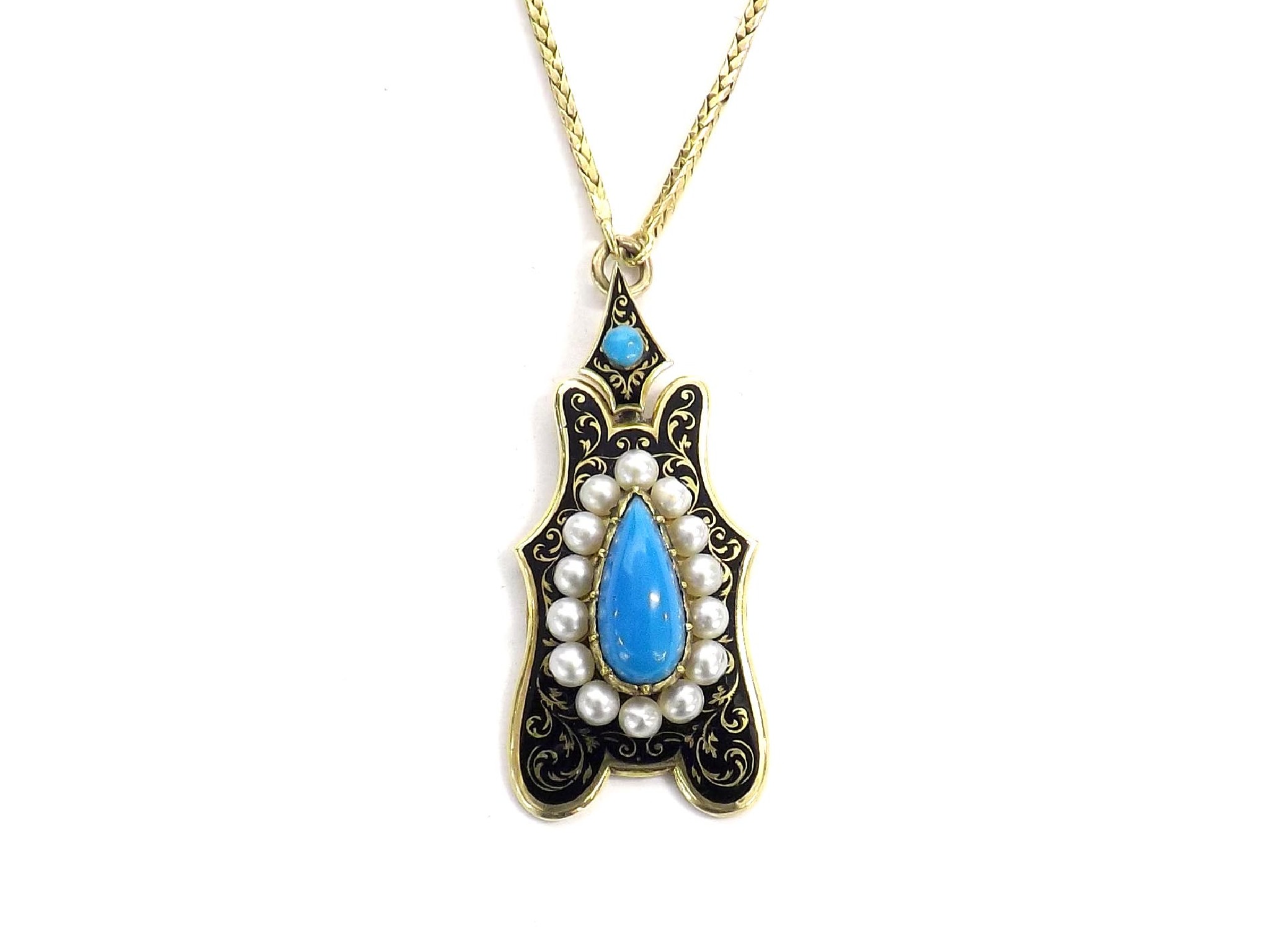 Appraisal: Antique black enamel turquoise and seed pearl yellow gold pendant