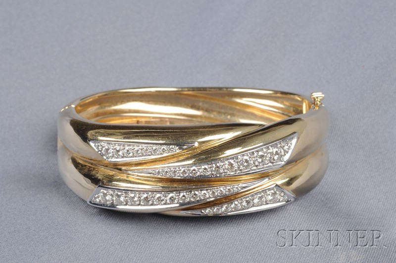 Appraisal: kt Bicolor Gold and Diamond Bangle Bracelet the ribbed form