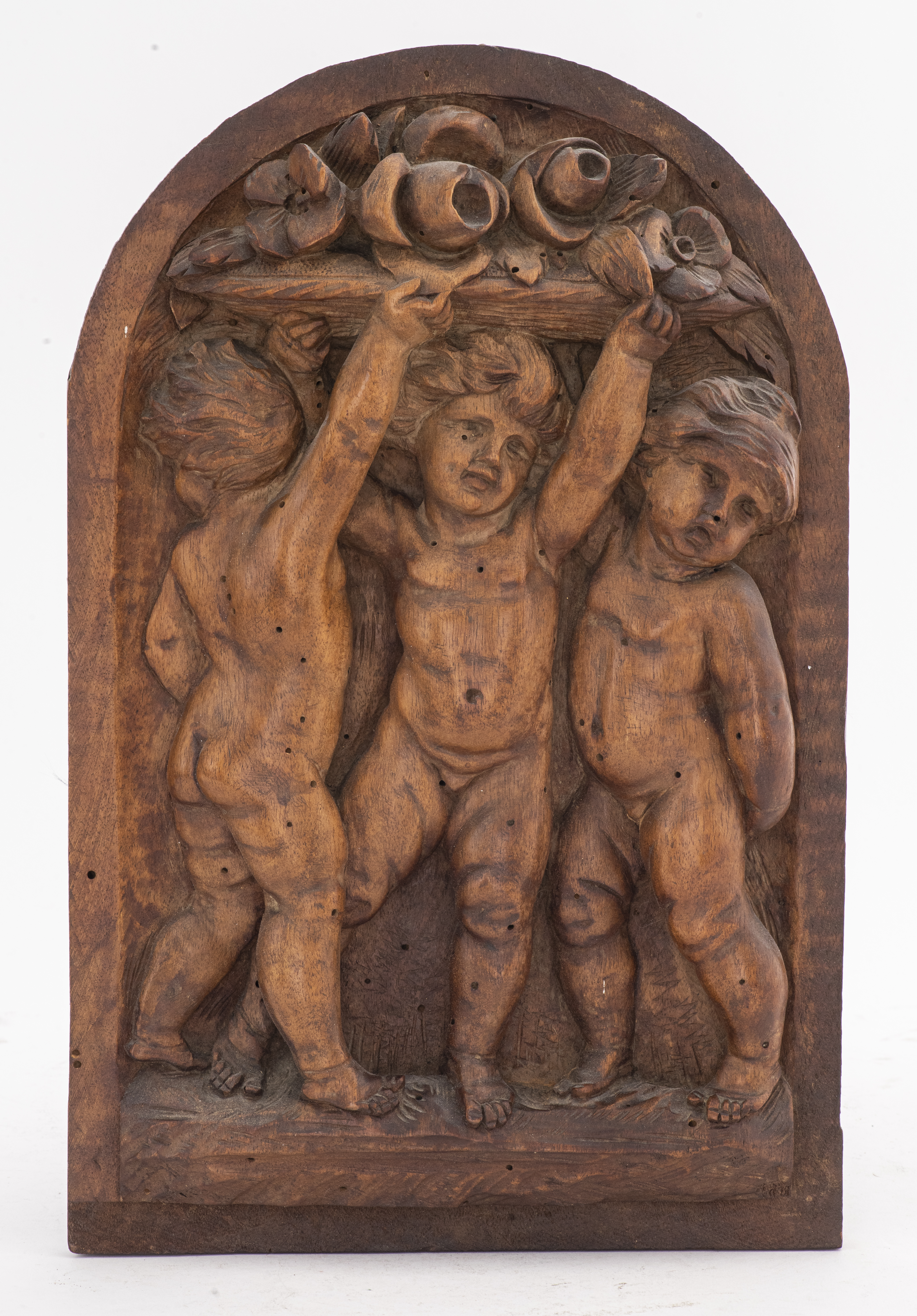 Appraisal: BAROQUE REVIVAL CARVED WOOD PUTTI PANEL Continental Baroque revival carved