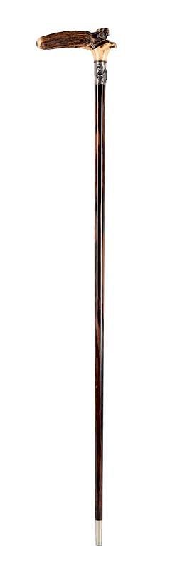 Appraisal: Walking Stick with Stag Horn Handle L shaped handle carving