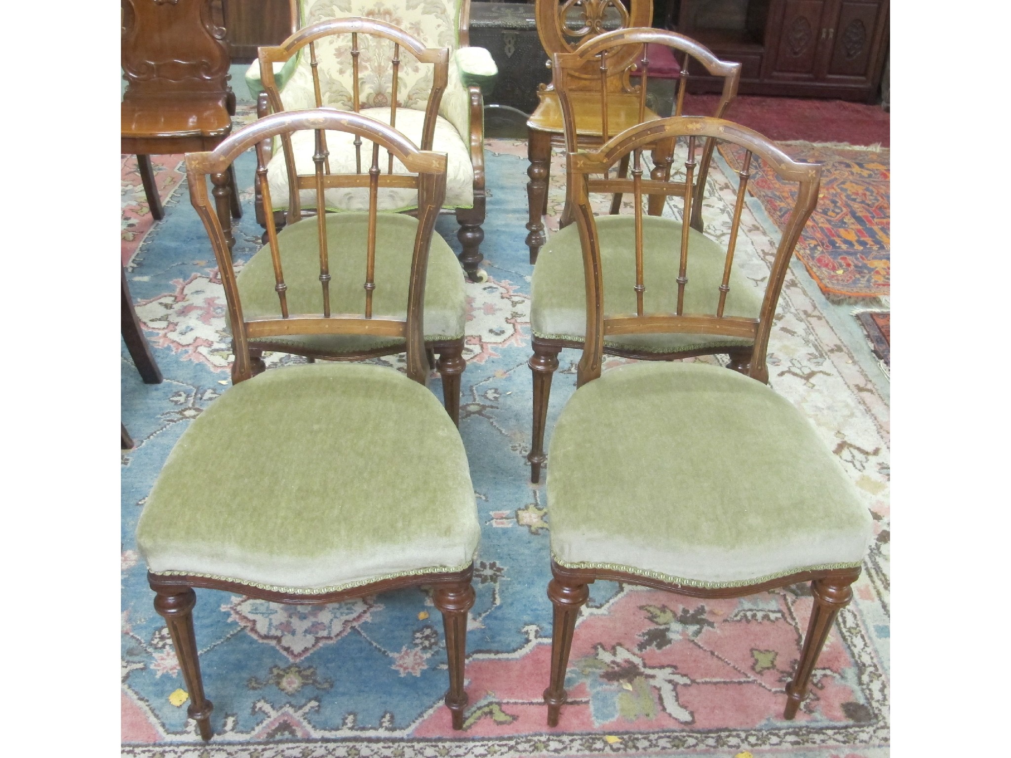 Appraisal: Four matching late Victorian walnut inlaid parlour chairs