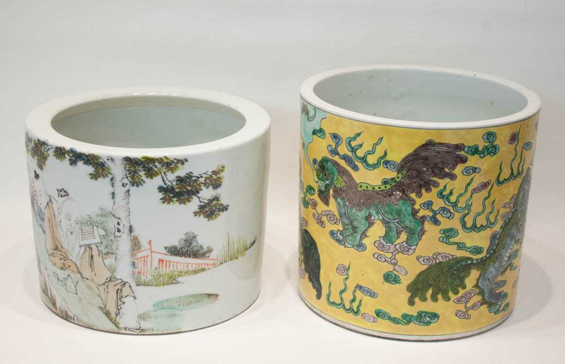 Appraisal: TWO CHINESE PORCELAIN BRUSH POTS the first in a Qinanjian