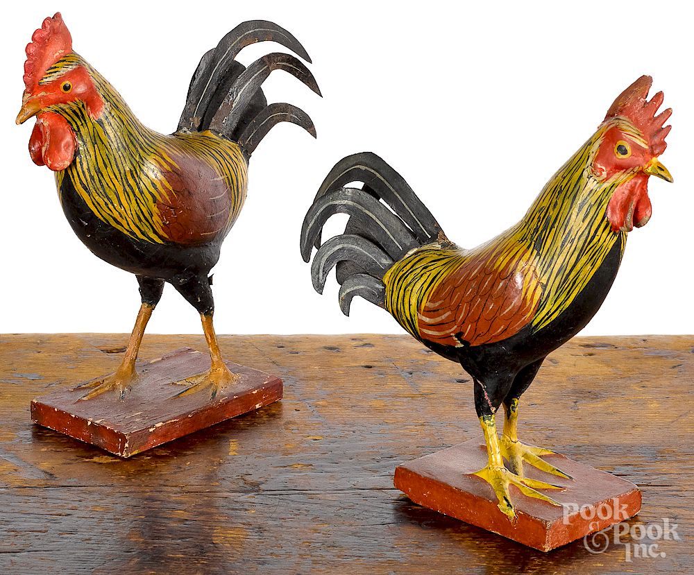 Appraisal: Pair of painted composition and wood roosters Pair of painted