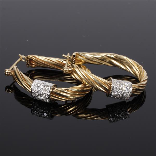 Appraisal: Yellow White Gold K and Pave Diamond hollow twist hoop