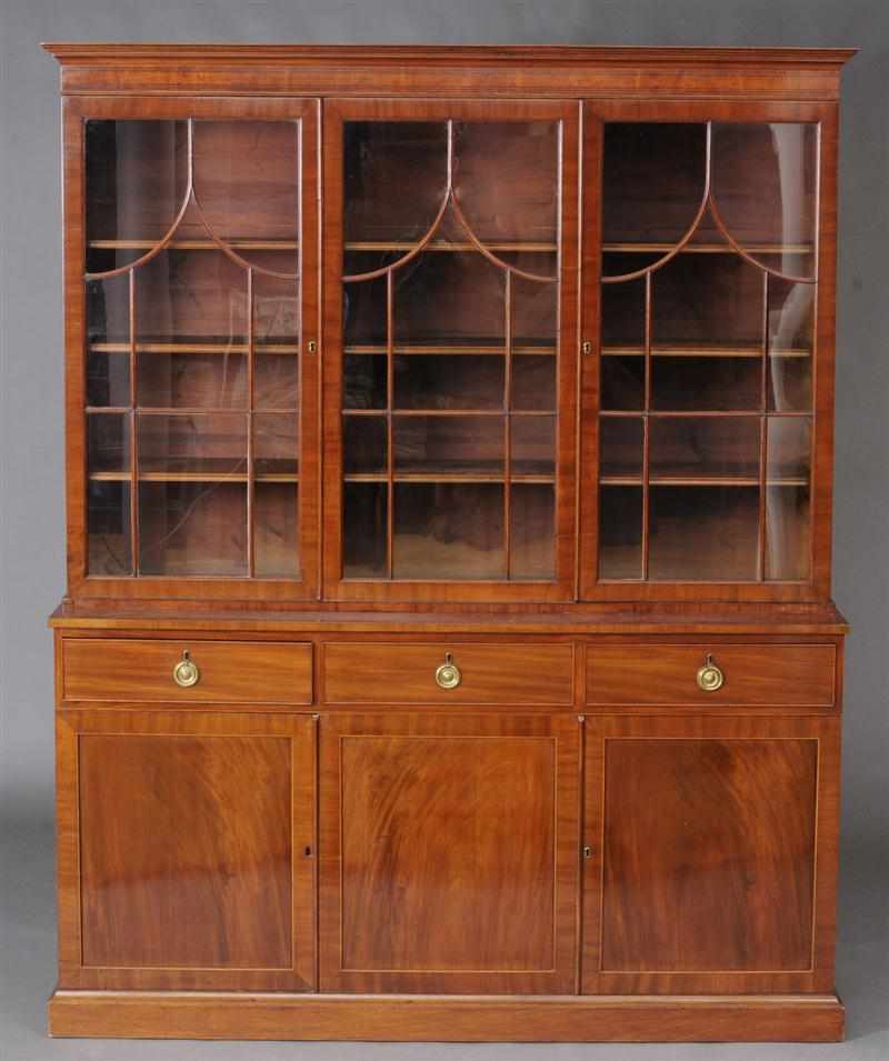 Appraisal: GEORGE III INLAID MAHOGANY BOOKCASE CABINET The flat-top upper part