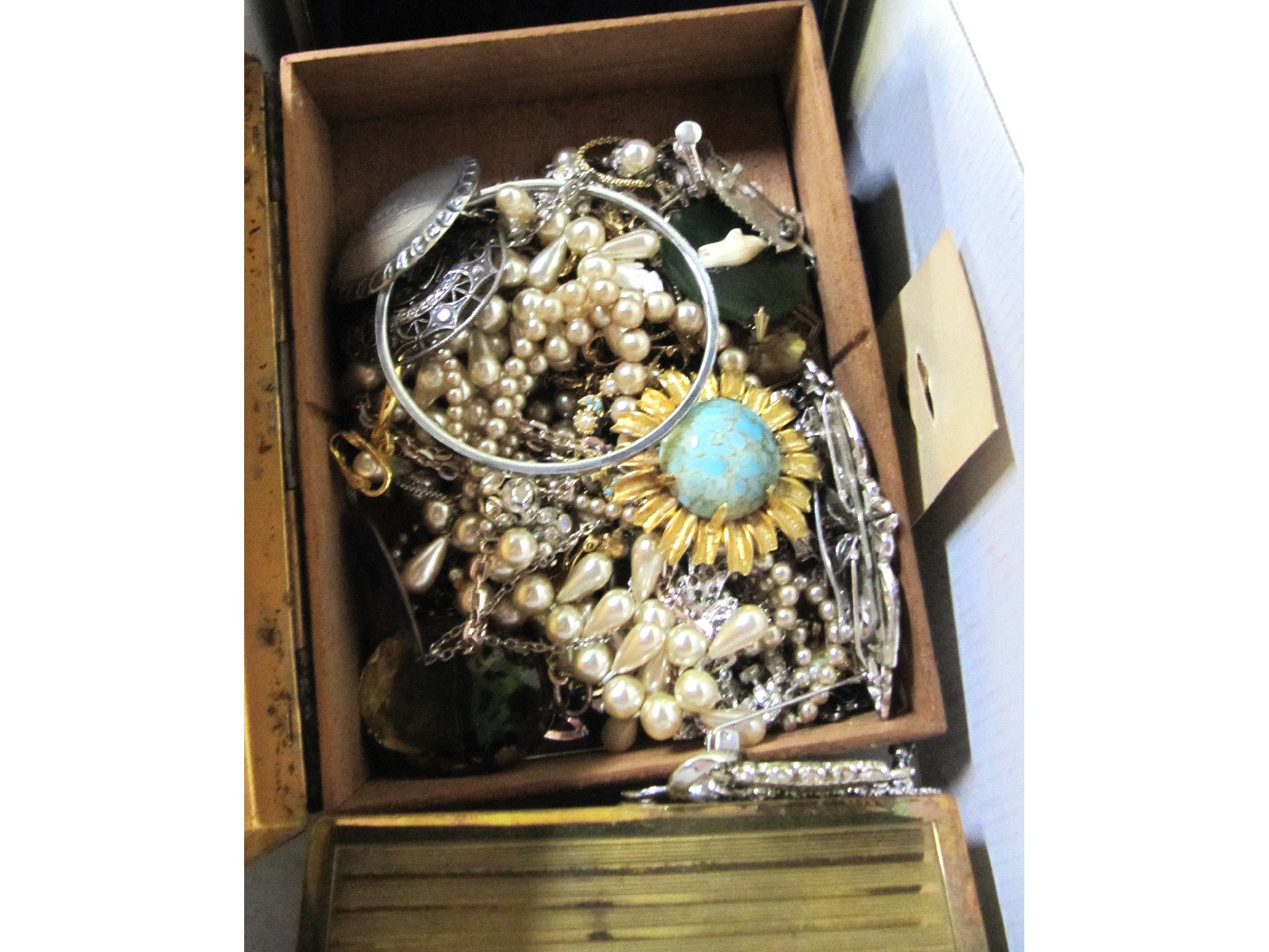 Appraisal: A box of costume jewellery EP cigarette case etc