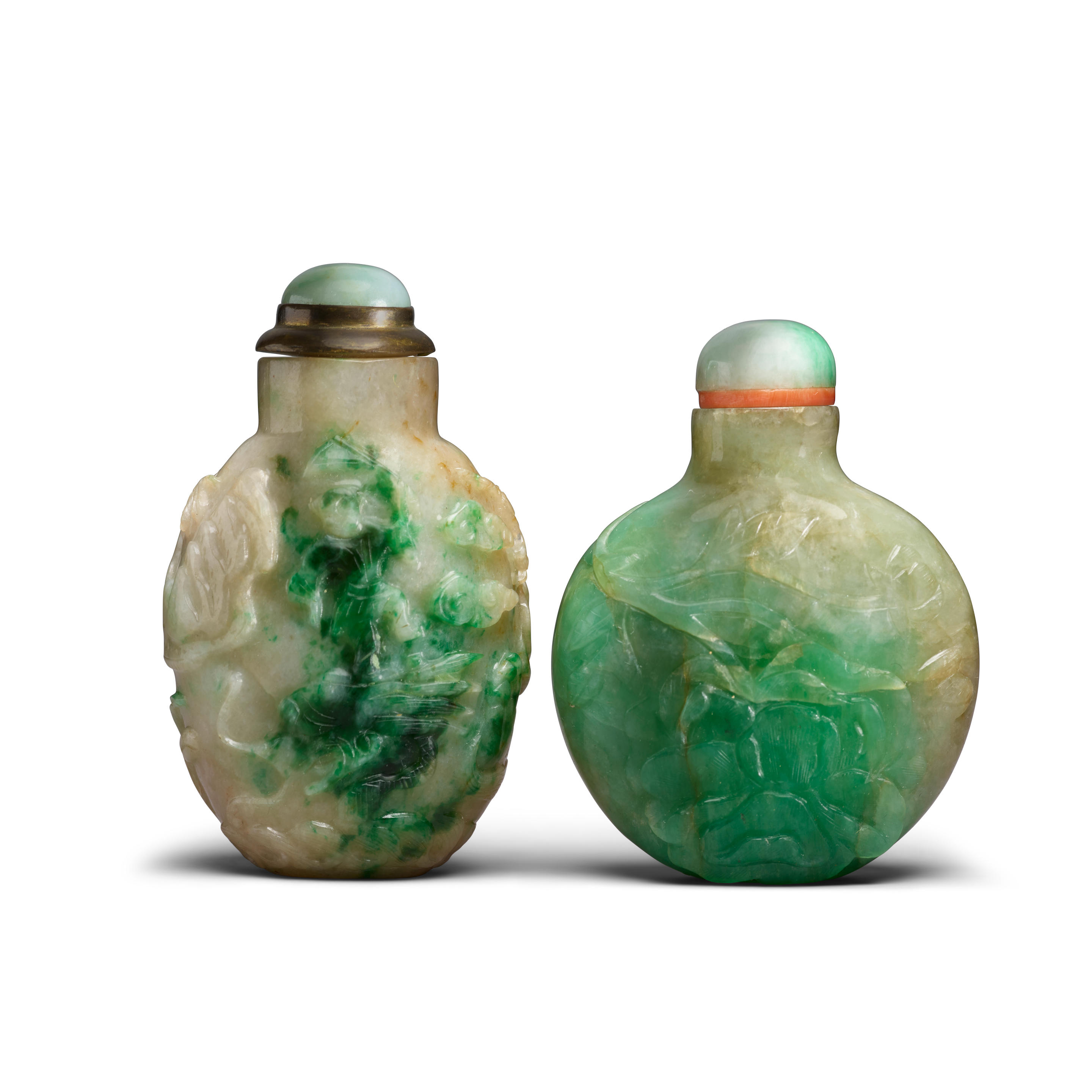 Appraisal: TWO JADEITE SNUFF BOTTLES - - Both well-hollowed comprising a