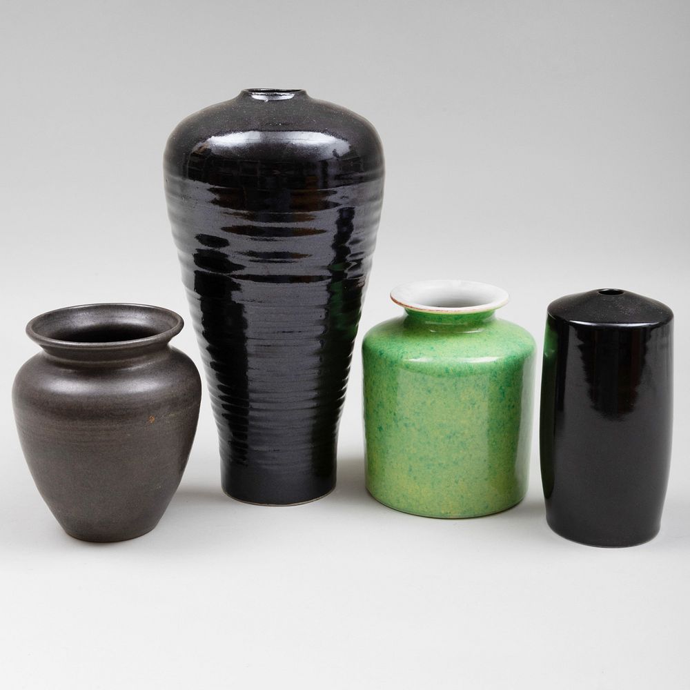 Appraisal: Group of Four Contemporary Porcelain and Earthenware Vases Variously incised