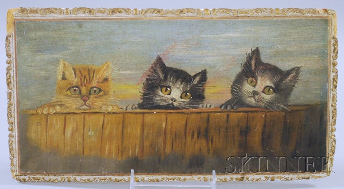 Appraisal: Early th Century Folk Painted Panel Depicting Three Small Cats