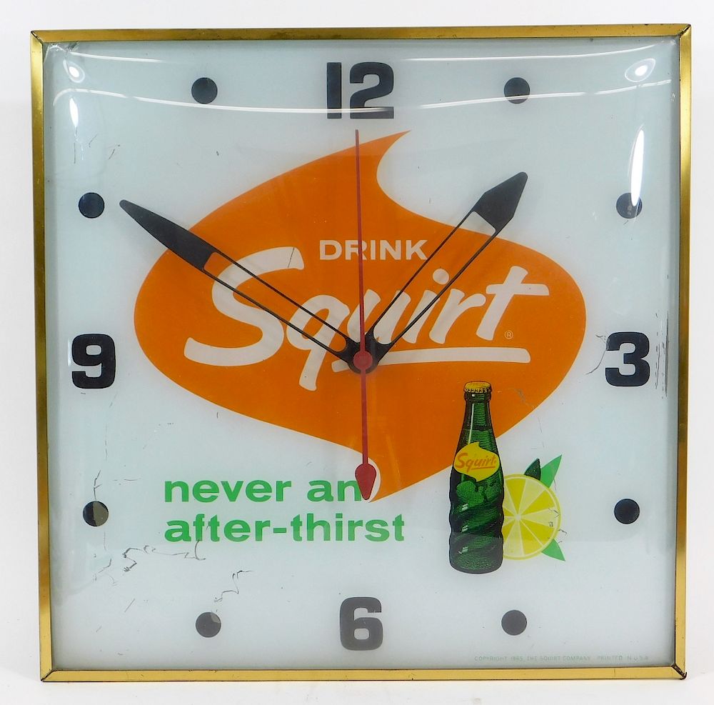 Appraisal: Vintage Squirt Soda Advertising Clock United States th Century Square