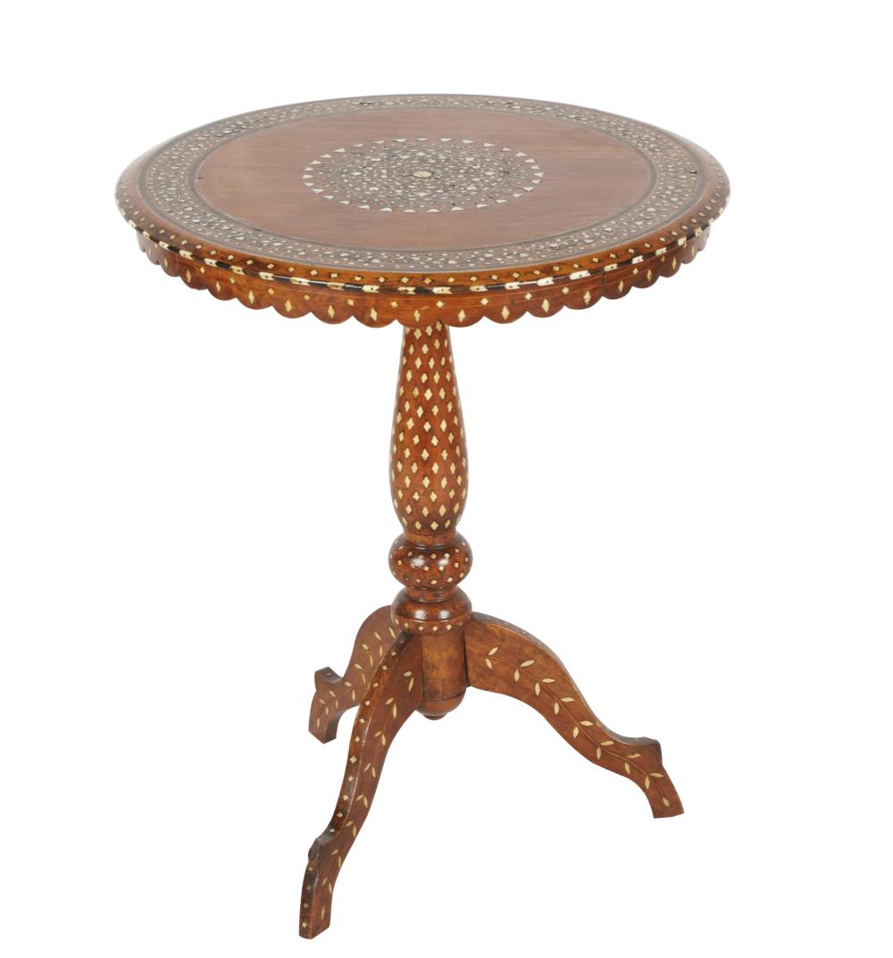 Appraisal: SYRIAN BONE-INLAID TRIPOD TABLEProvenance The Jim Belushi Collection a Michael