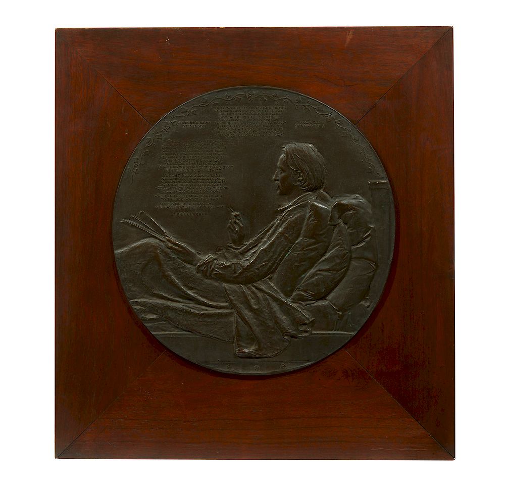 Appraisal: Augustus Saint-Gaudens - Bronze Portrait Robert Louis Stevenson Framed Augustus