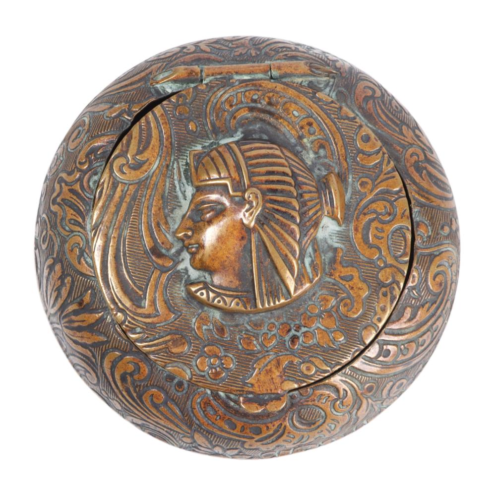 Appraisal: EGYPTIAN THEMED ROUND COPPER PLATED BOX WITH APPLIED PHARAOH HEAD