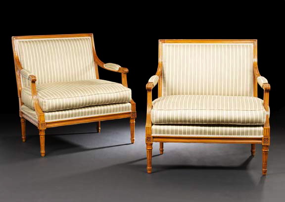 Appraisal: Pair of Louis XVI-Style Fruitwood Fauteuils of generous proportions each