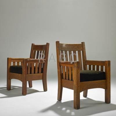 Appraisal: HARDEN Pair of armchairs USA early th c Unmarked Quartersawn