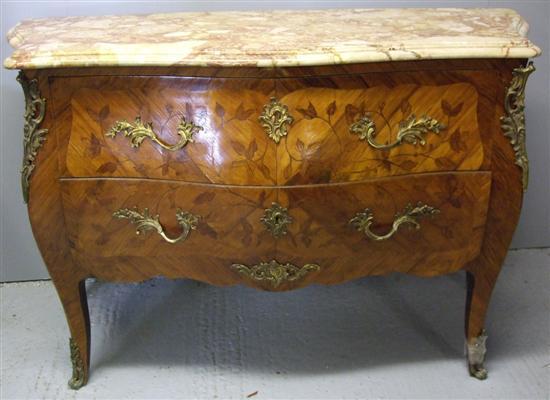 Appraisal: th century style French kingwood bombe marble topped parquetry inlaid