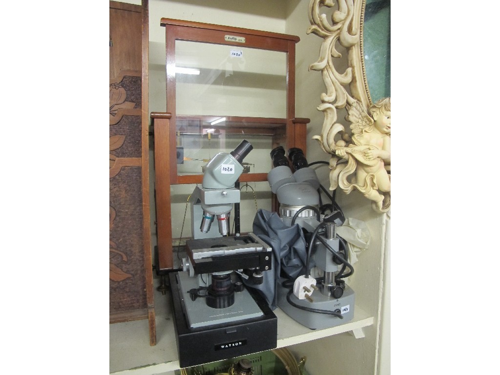 Appraisal: Set of scientific scales in display case and two microscopes