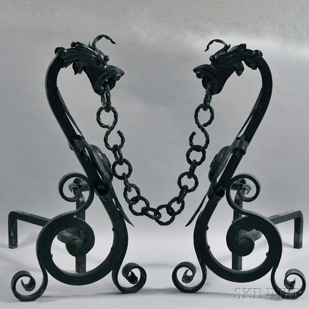 Appraisal: Pair of Wrought Iron Gargoyle Andirons probably France late th