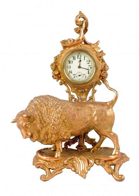 Appraisal: Cast Brass Buffalo Desk Clock This wonderful ornate desk clock