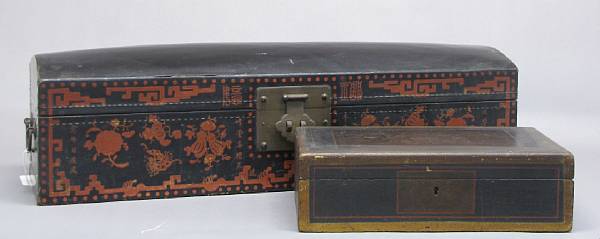 Appraisal: Two Chinese decorated boxes The first of lacquered pigskin wear