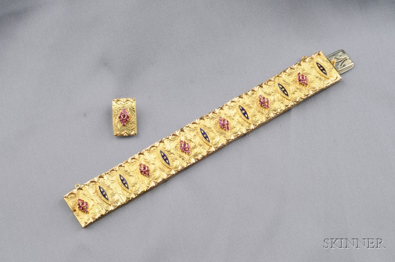 Appraisal: kt Gold Ruby and Enamel Bracelet Italy the fancy foliate