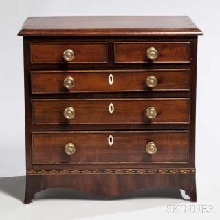 Appraisal: Mahogany Veneer Inlaid Miniature Chest of Drawers England mid- th