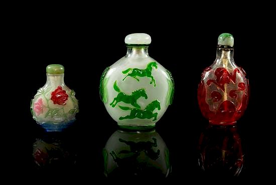 Appraisal: Three Peking Glass Snuff Bottles Height of tallest inches Three